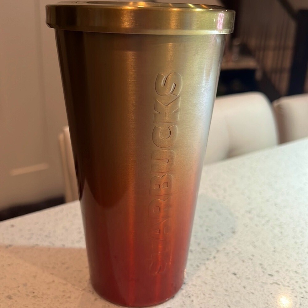 Starbucks metal tumblr cup vintage y2k gold & orange ombré water bottle vtg cute
